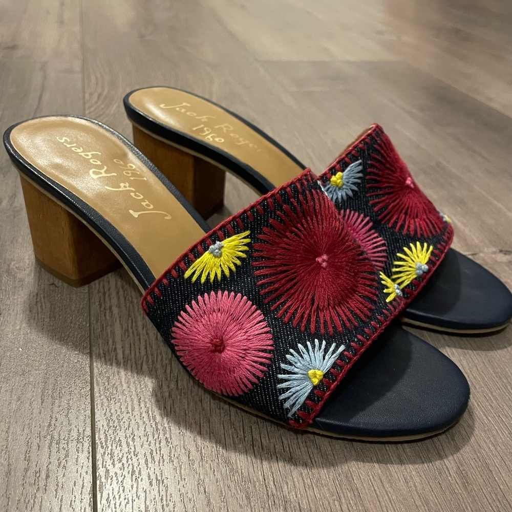 Jack Rogers Bettina Mid-Heel Embroidered Sandals Womens Size 6
